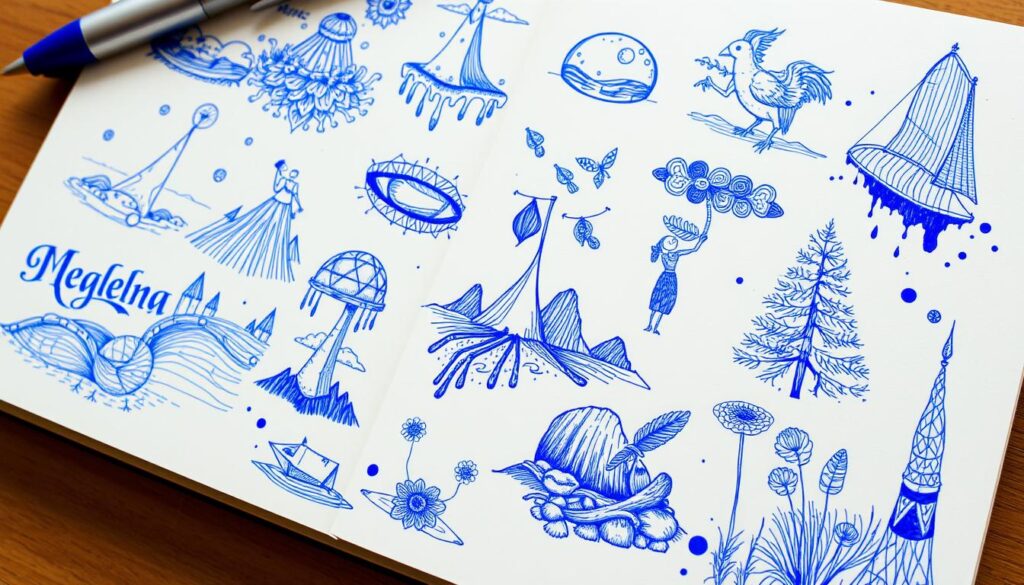 creative pen sketches in a sketchbook