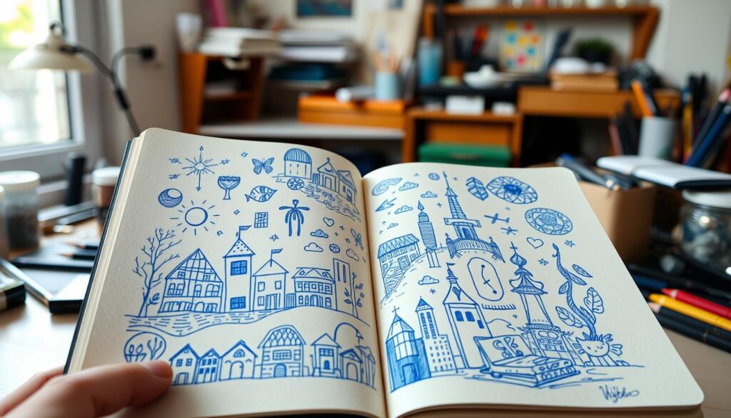 creative pen sketches in a sketchbook